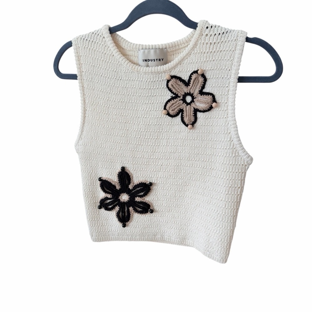 Industry Women's Cream Sleeveless Sweater Tank with Black Floral Design